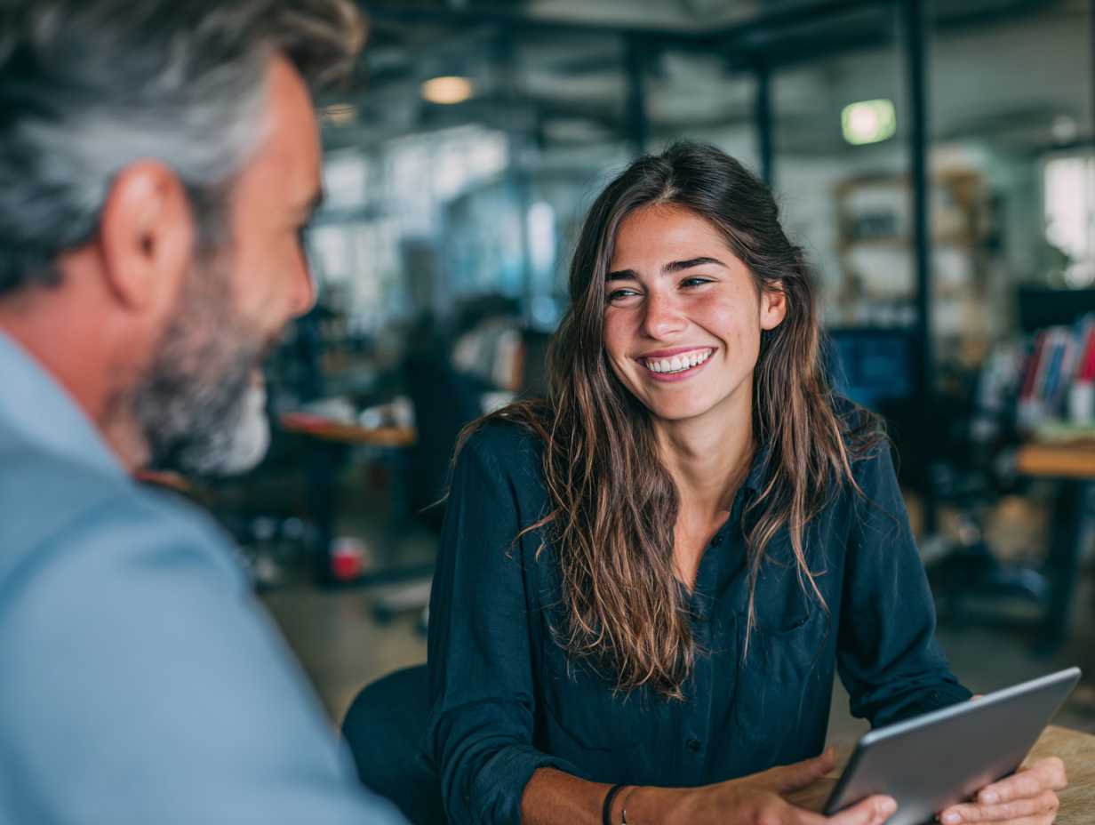 Acoustic consultant discussing soundproofing solutions with client in modern office